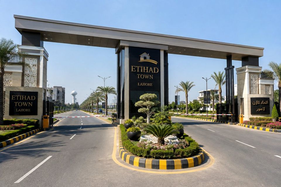 The main entrance gate and boulevard at Etihad Town, Lahore